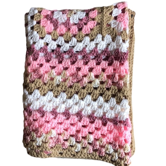 Handmade crocheted personal Blanket pink white khaki 1st quality knitted NICE! - Picture 6 of 12